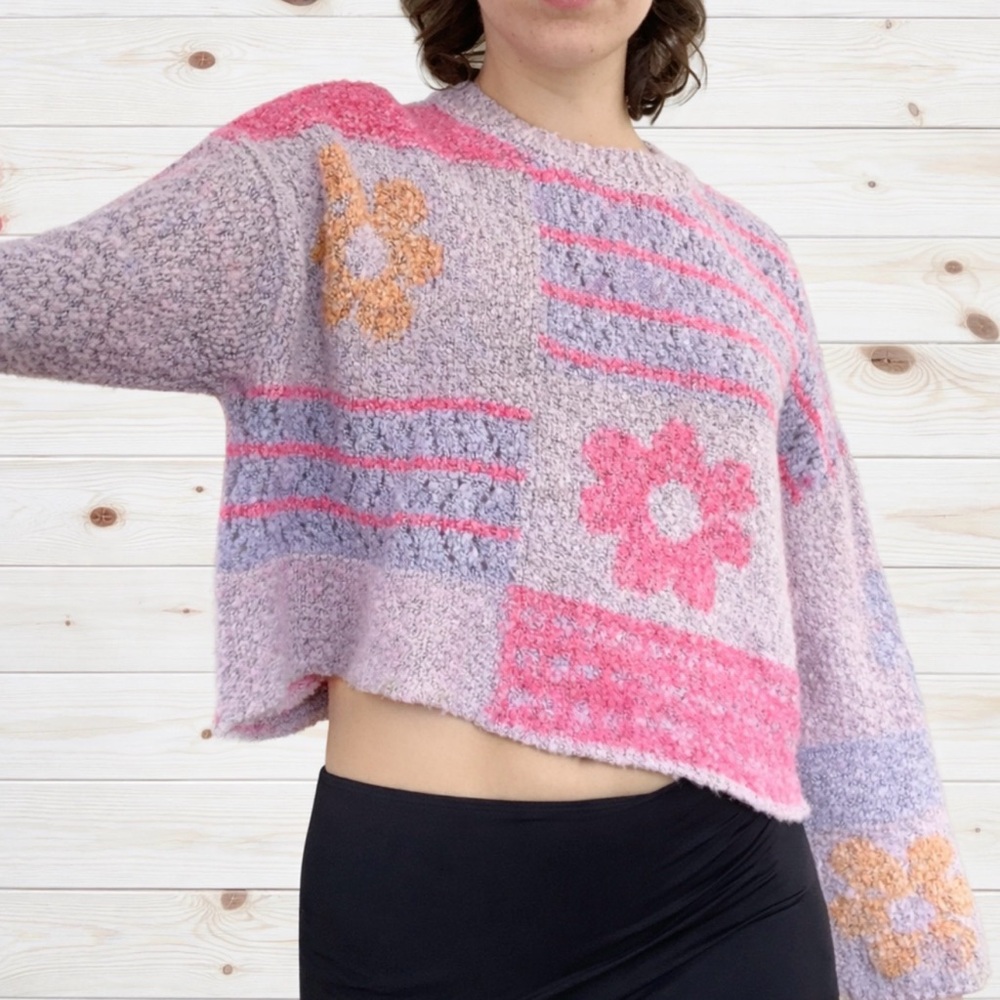 Moon & Madison Floral Patchwork Cropped Sweater ~ Boho Cottagecore Knit ~ Size S - Picture 7 of 14